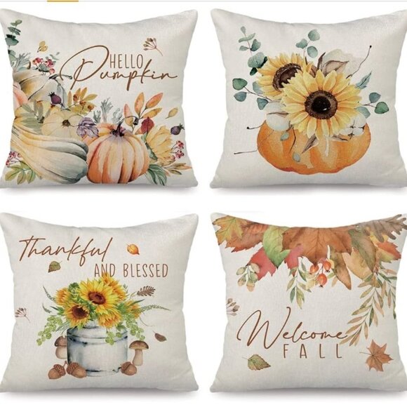 Fall Pillow Covers 18x18 Set of 4 Sunflower Pumpkin Fall Autumn Farmhouse - Picture 1 of 8